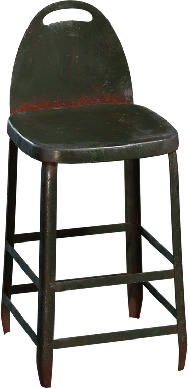 Free 4K model of a weathered metal barstool with backrest and cutout handle, chipped dark green paint, rusted edges, boxy seat, and heavy cross-braced legs.