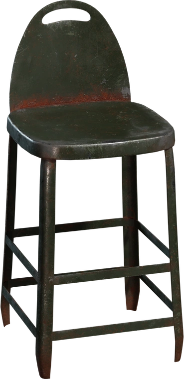 Free 4K model of a weathered metal barstool with backrest and cutout handle, chipped dark green paint, rusted edges, boxy seat, and heavy cross-braced legs.