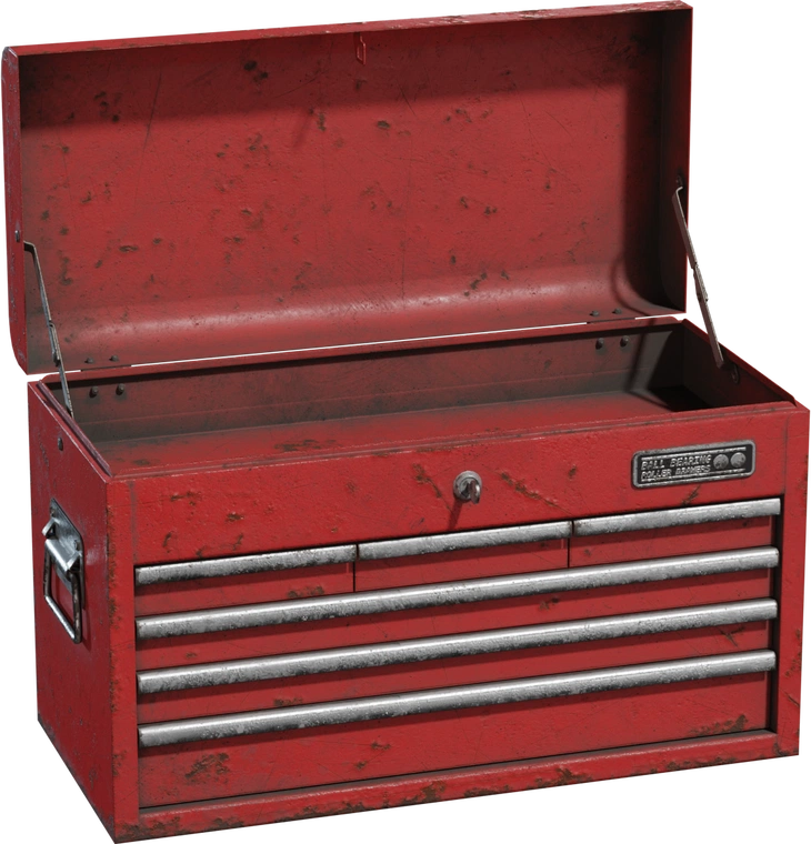 Free 8K model of a worn red steel tool chest - rusted scratches, metal handles and lock; rigged lid and drawers, ideal for garage, workshop or industrial scenes.