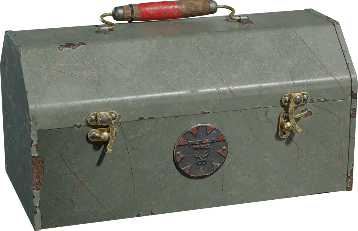 Free 4K model of a vintage metal toolbox with chipped olive paint, brass latches, a wood handle with red band, rusted edges and a round badge.