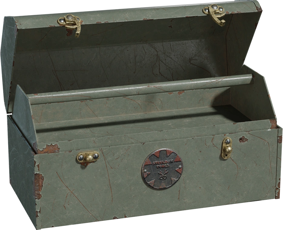Free 4K model of a vintage metal toolbox with chipped olive paint, brass latches, a wood handle with red band, rusted edges and a round badge.