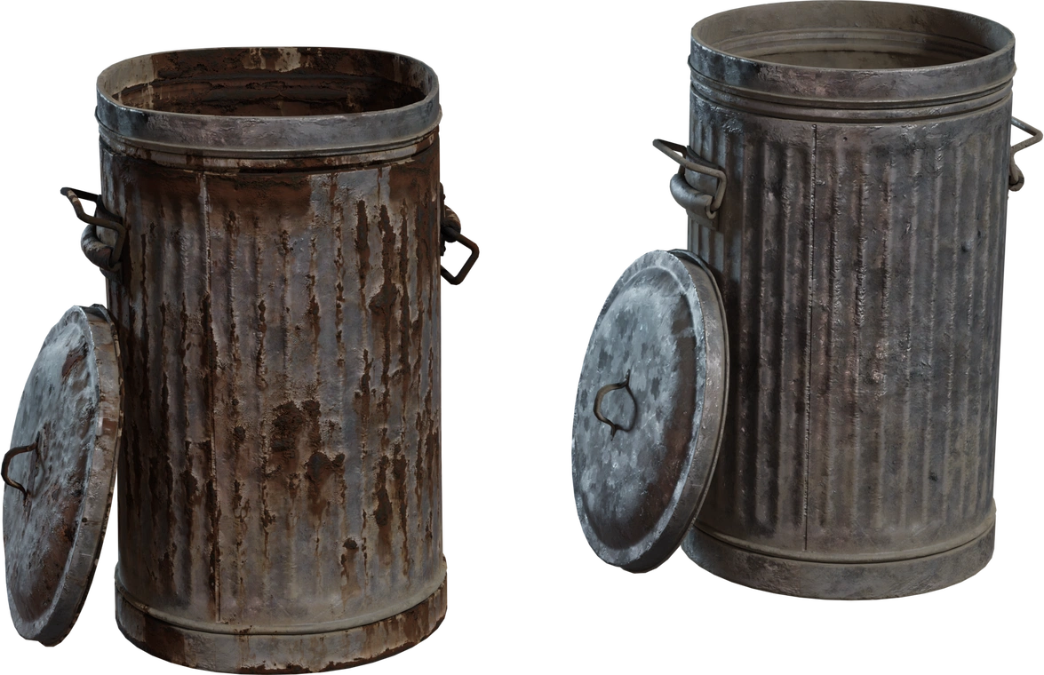 Free 8K model of a weathered metal trash can with removable lid, ribbed cylindrical body, dents, heavy rust, grime and realistic industrial wear.