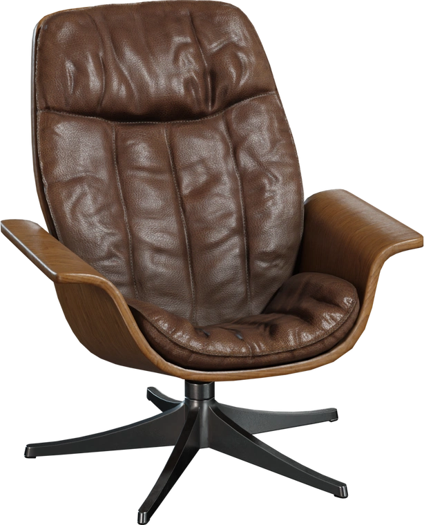 Free 8K mid-century lounge chair: wooden shell, worn brown leather cushions, swivel recliner base - stylish, comfy retro seating for modern interiors.