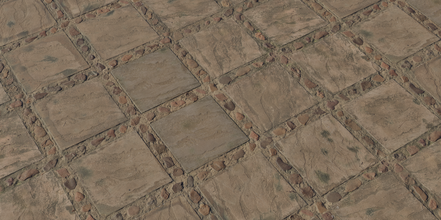 Free 8k mixed rock tiles texture: weathered brown stone slabs with pebble-inlaid joints, rough sedimentary surface, worn edges and grime in crevices.