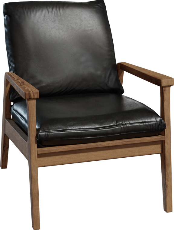 Free 8K model, modern wooden armchair with warm oak frame and plush black leather cushions - contemporary lounge styling with clean lines and wear detailing.