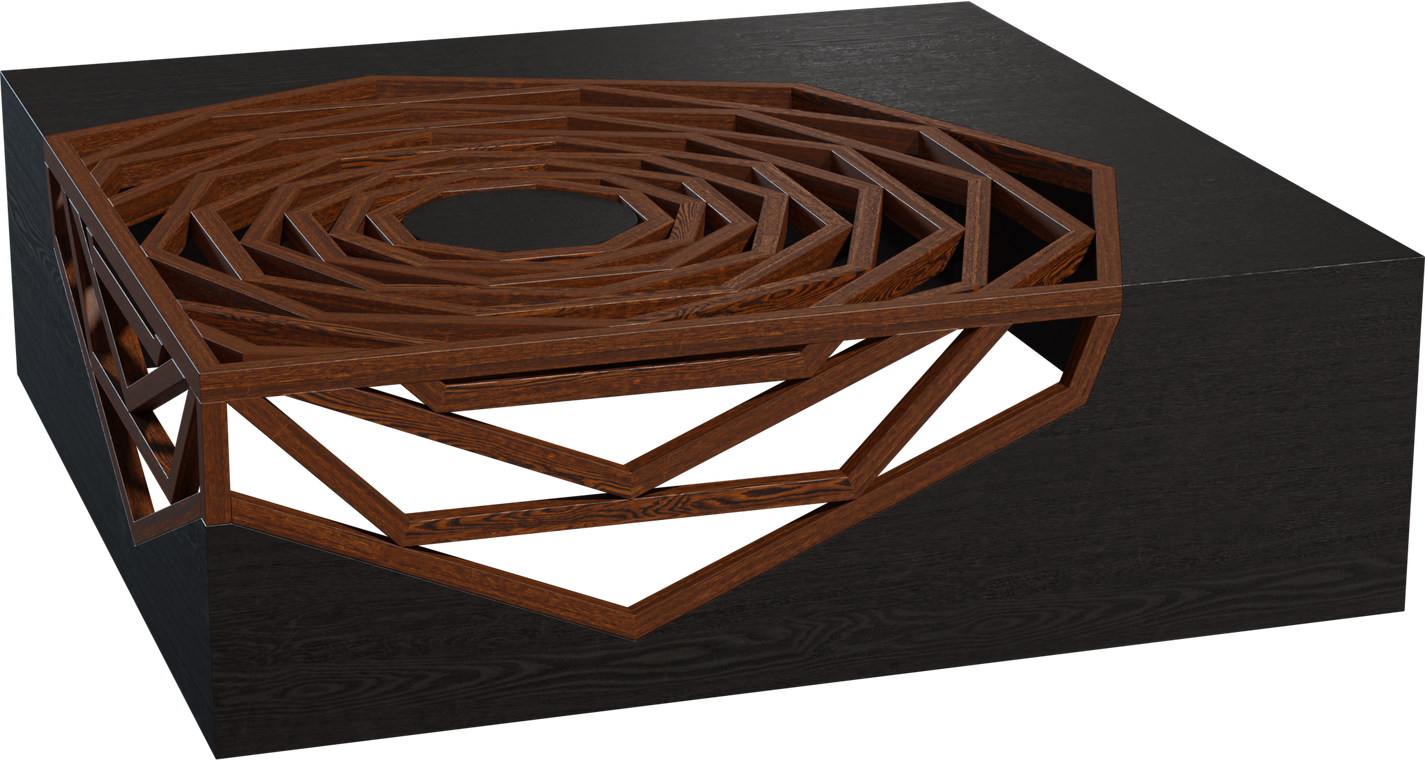 Free 8K model of a contemporary rectangular coffee table with a dark stone base and intricate concentric wooden geometric inlay, deco-inspired, clean finish.