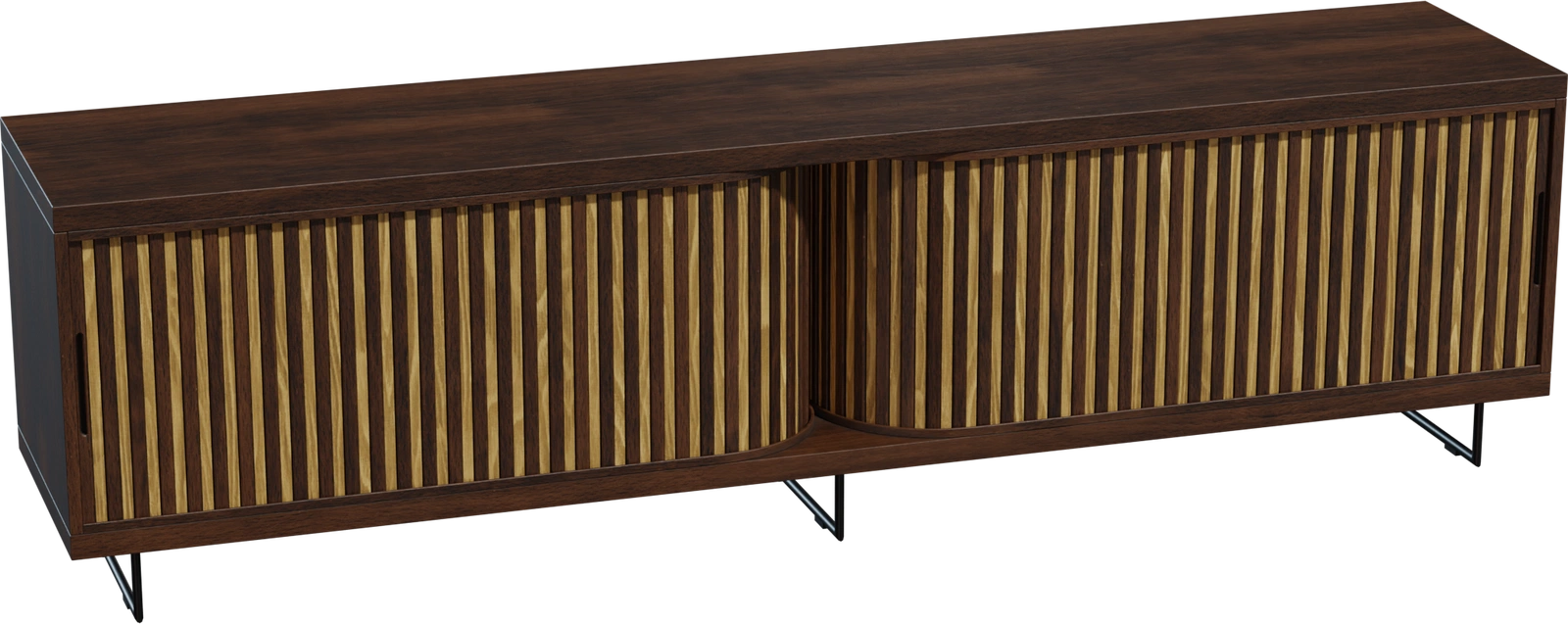 Free 8K model of a modern wooden cabinet with dark frame, vertical light-wood slatted curved doors on slim metal legs, minimalist contemporary design.