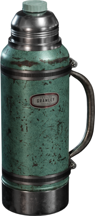 Free 8K model of a vintage thermos: mint-green cracked enamel, heavy steel bands, dented cap, scuffed base, and improvised handle with screws. Rich detail and grime.