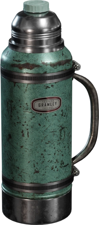 Free 8K model of a vintage thermos: mint-green cracked enamel, heavy steel bands, dented cap, scuffed base, and improvised handle with screws. Rich detail and grime.
