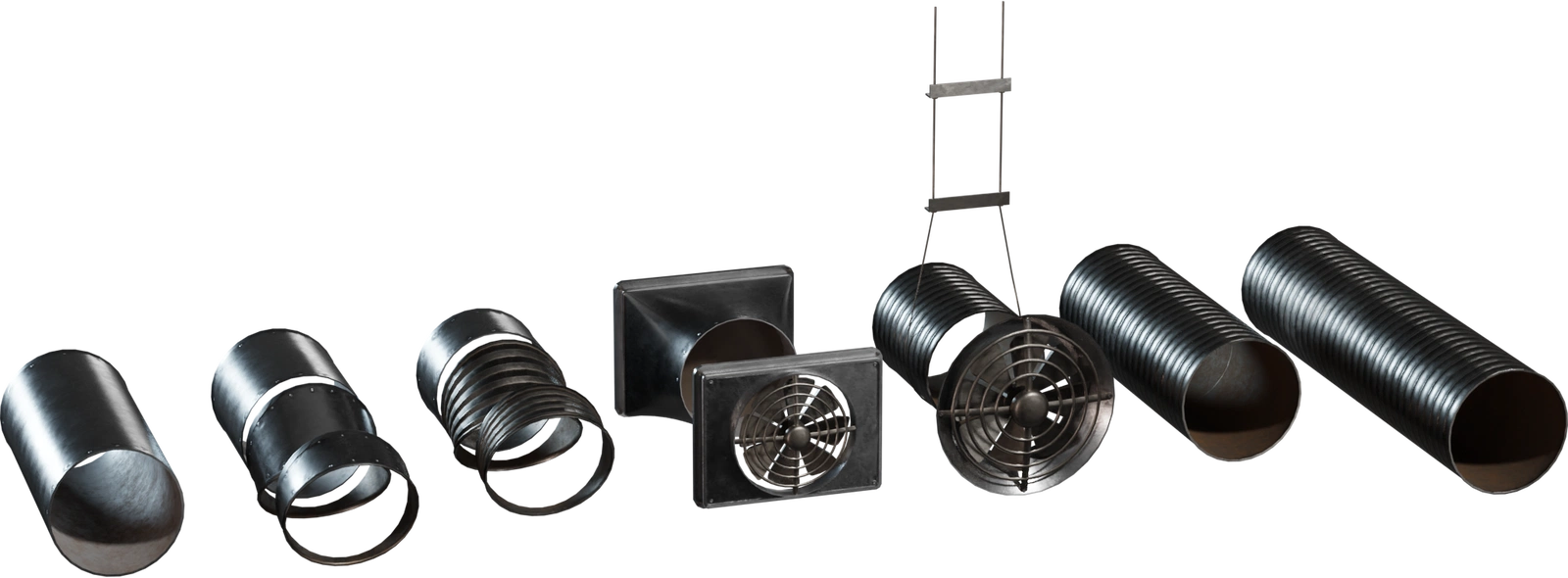 Free 4K model of modular circular air ducts: smooth and corrugated sections, square inlet grilles, rings and hangers with worn industrial metal finish.
