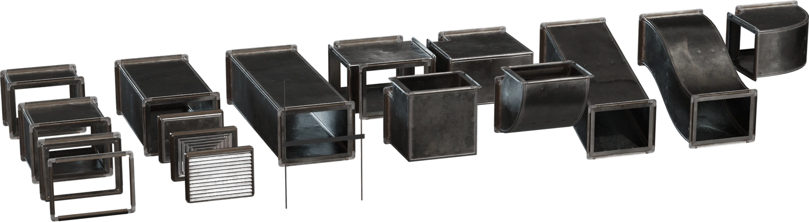 Free 8K modular airduct set: realistic rectangular metal vents, elbows, joints and grilles. Industrial, workshop/warehouse-ready with detailed, worn-metal finish