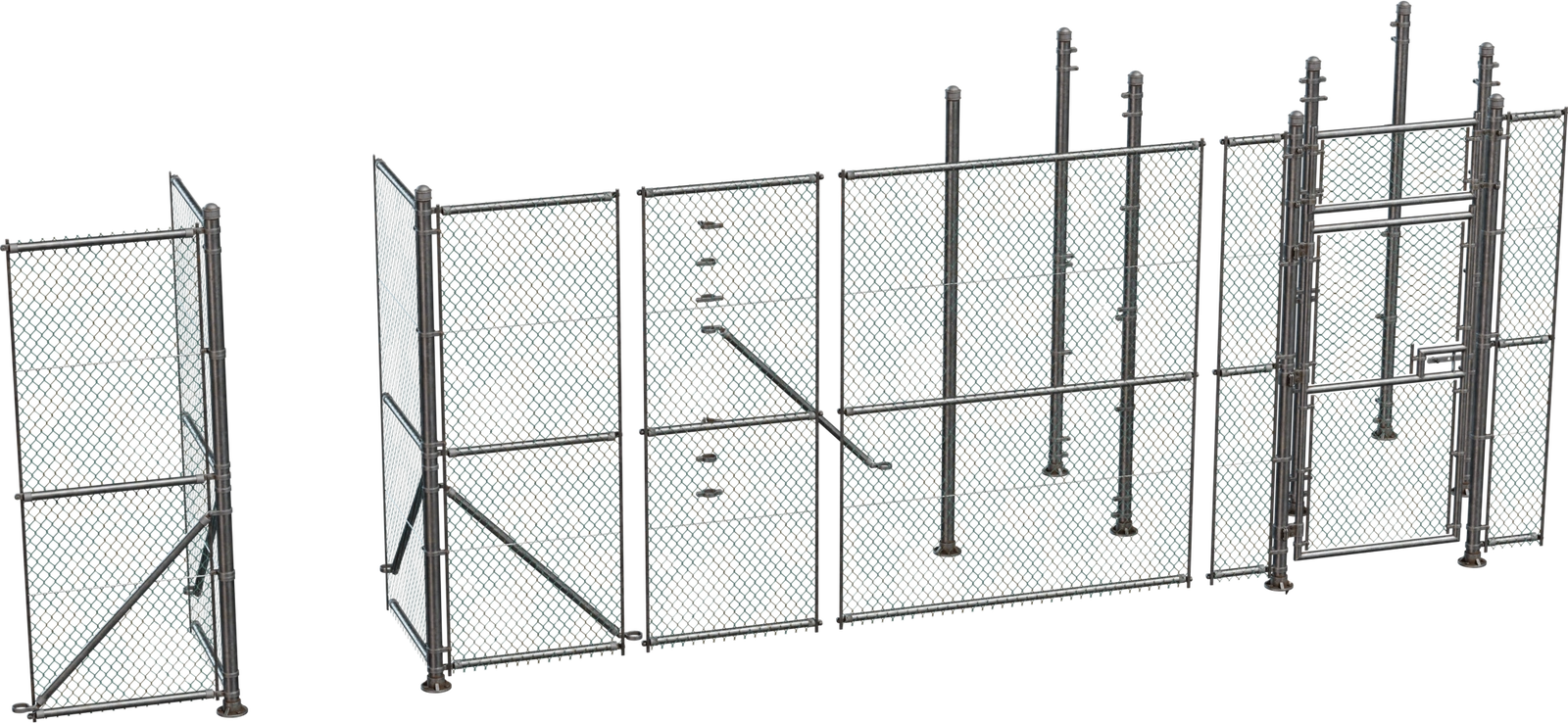 Free 8K modular chainlink fence kit with rusted posts, gate and configurable panels - gritty urban/industrial barrier ideal for city, alley & security scenes.
