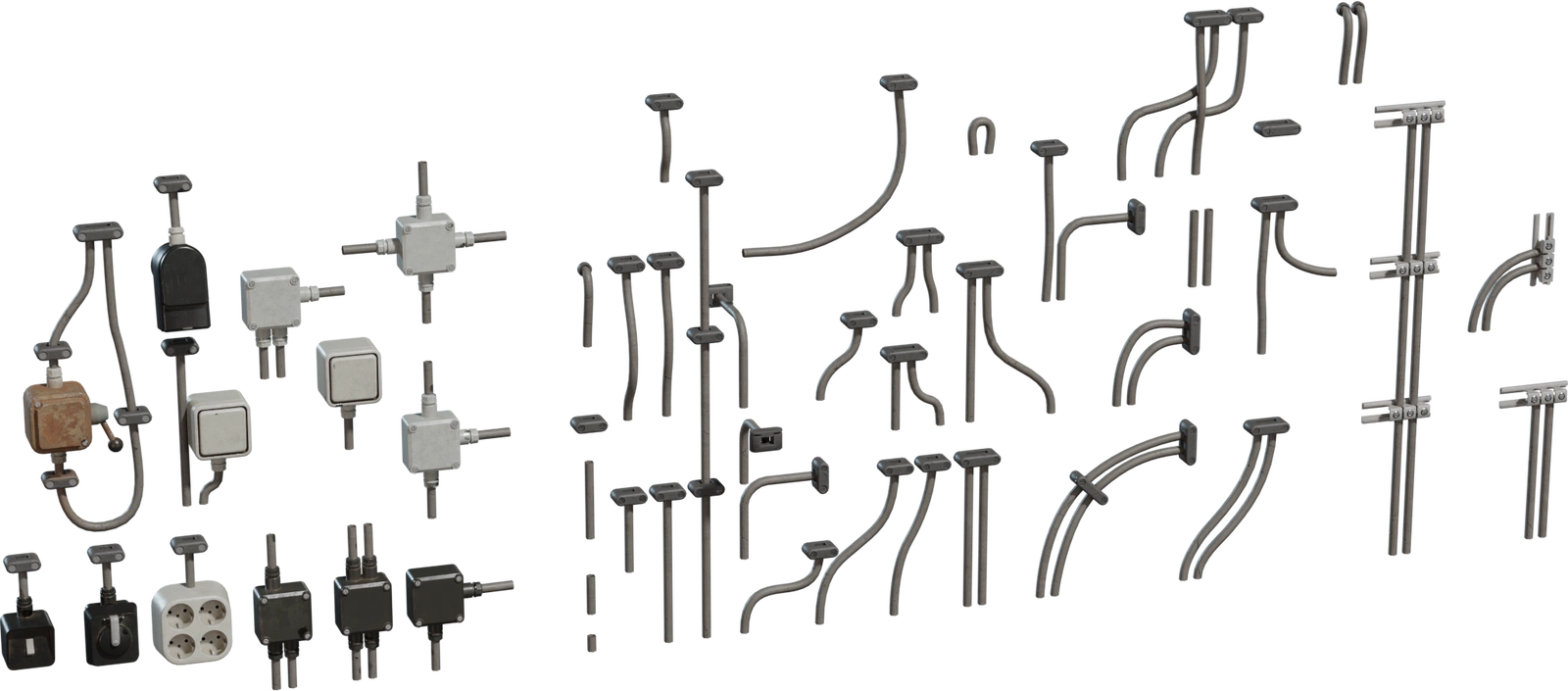 Free 4K modular electric cables: industrial kit of wiring segments, junction boxes, connectors and bends; PBR-ready.