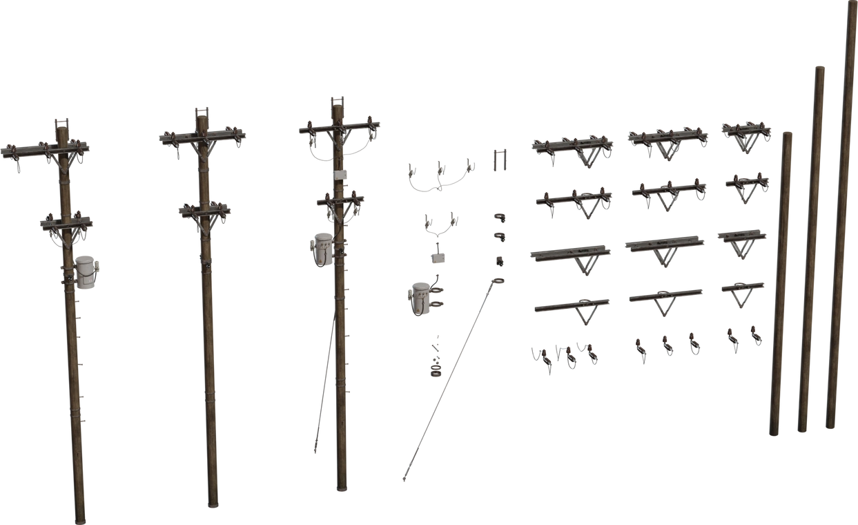 Free 8K modular electricity poles: realistic weathered wooden utility poles with transformers, crossarms, insulators, junction boxes and cable segments - perfect for urban scenes.