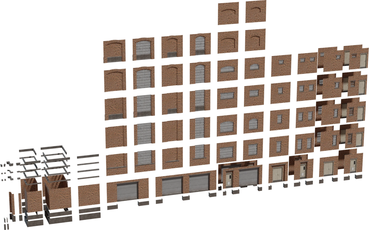 Free 8K modular factory facade model with brick panels, varied windows, doors and loading bays - industrial warehouse exterior tiles for flexible assembly.