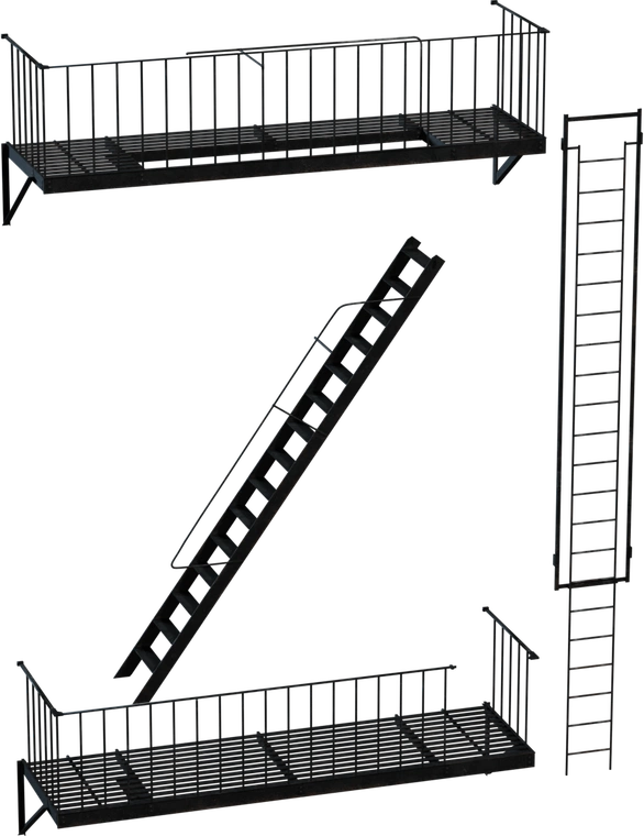 Free 8K modular fire escape model with grated platforms, straight ladder and angled stair sections, welded railings and subtle weathered metal detail.