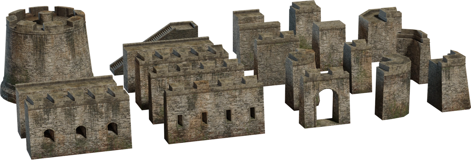 Free 8K modular fort model - weathered colonial stone blocks, battlements, towers, ramparts and an arched gate with mossy, aged surface detail.