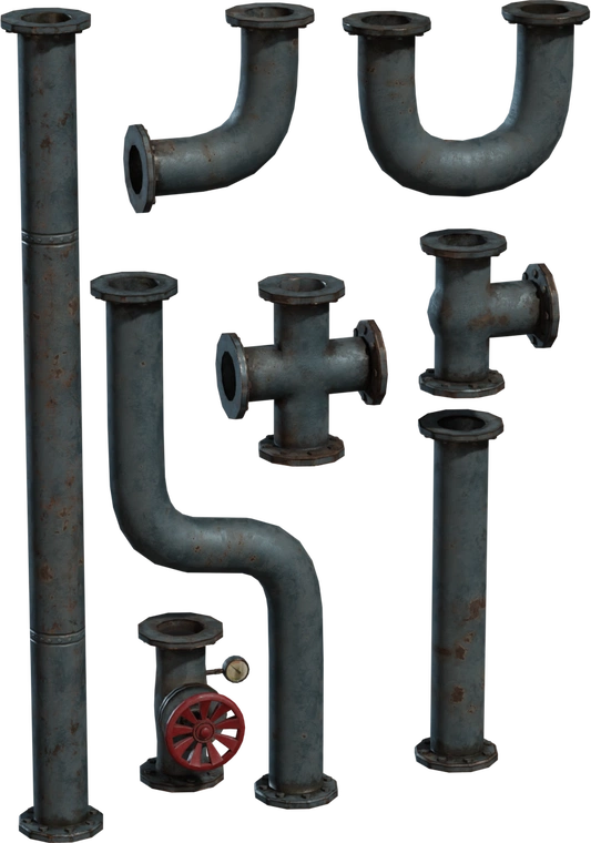 Free 8K modular industrial pipe set, aged blue-gray metal with rusted flanges, elbows, tees, crosses, straight runs and a red-handled valve with gauge.