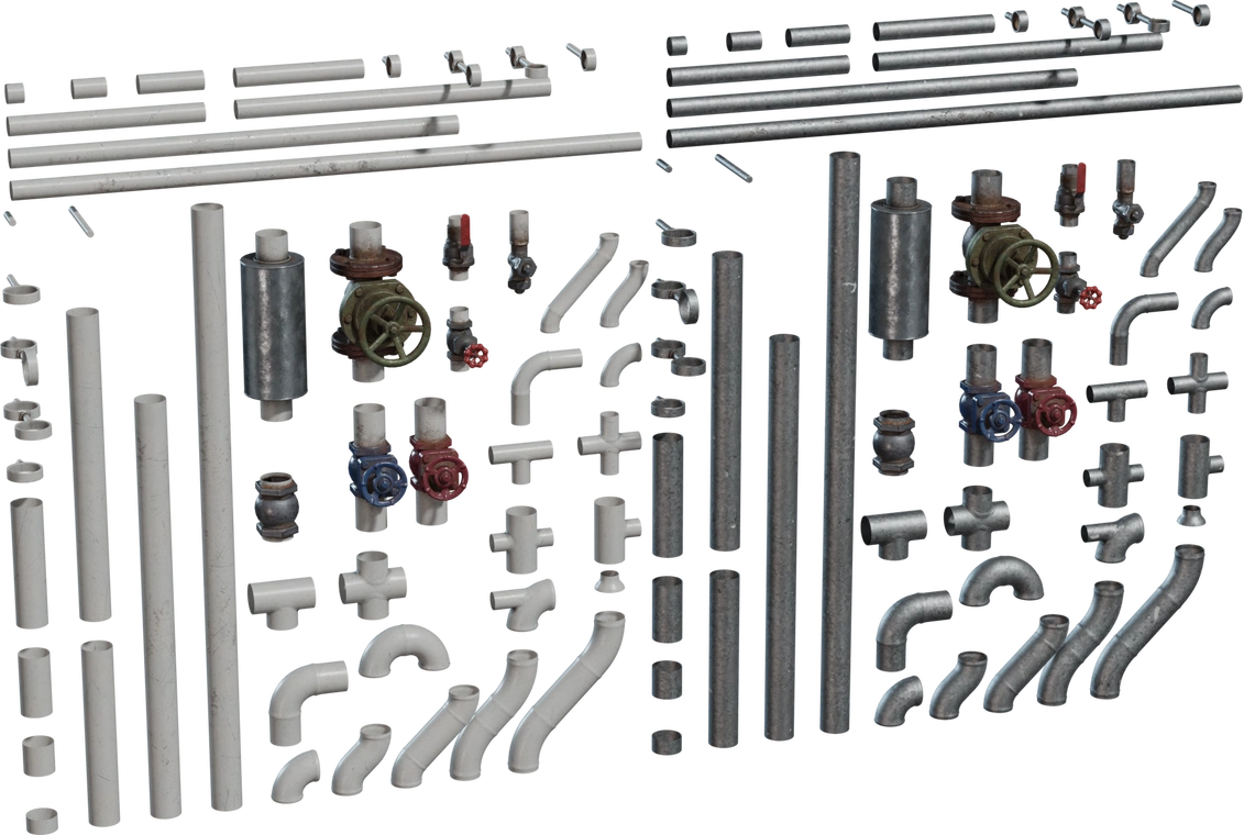 Free 8K modular pipes model: metal & plastic pipes, fittings and valves with rusted, weathered finish - modular kit for industrial, utility and sewer scenes.