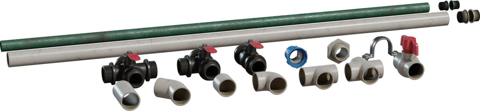 Free 8K modular plastic pipe kit with PVC tubes, flexible hose, elbows, valves, clamps and fittings, realistic worn surfaces and utilitarian detailing.