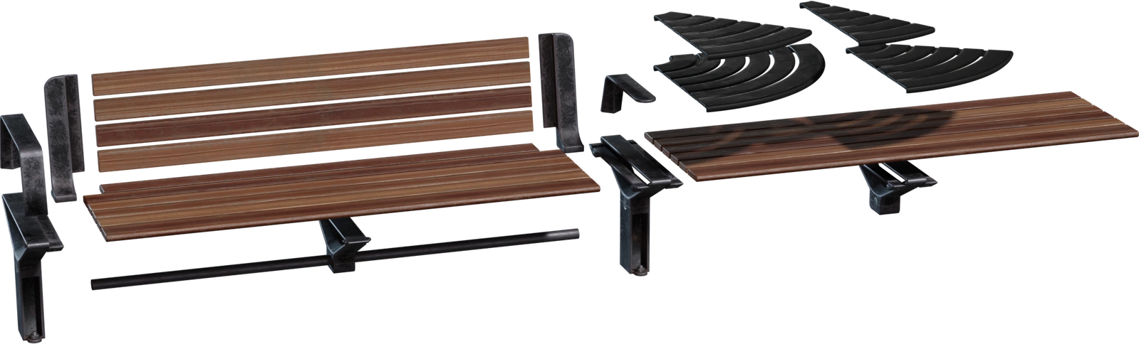 Free 4K modular street seating: contemporary urban bench kit with weathered metal supports and wooden slats, straight and curved interchangeable modules.