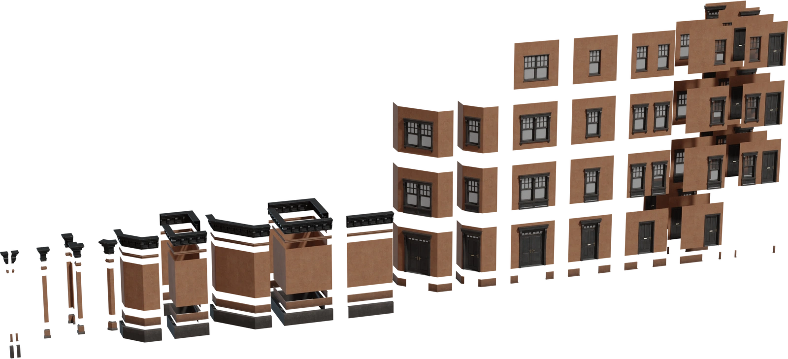 Free 8K modular urban apartments facade: contemporary residential modules with doors, windows, trim and corner pieces for quick, customizable city building kits.
