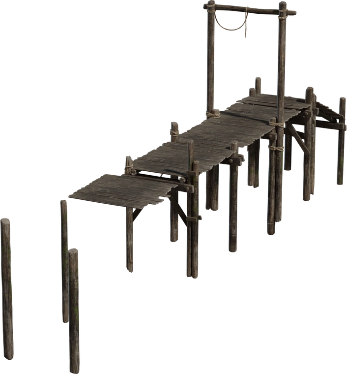 Free 8K model of a modular, weathered wooden pier: uneven planks, mossy pilings, tied ropes and scaffolded supports conveying a worn maritime character.