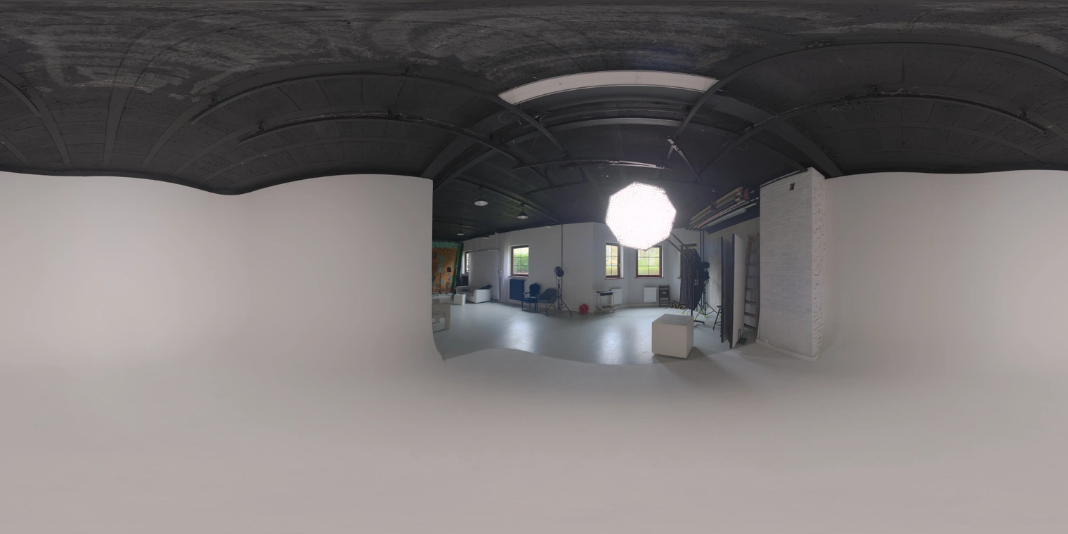 Free 20K HDRI, unclipped. Monochrome studio with umbrella lamp, dark ceiling and white infinity cove - high-contrast artificial light for product and fashion.