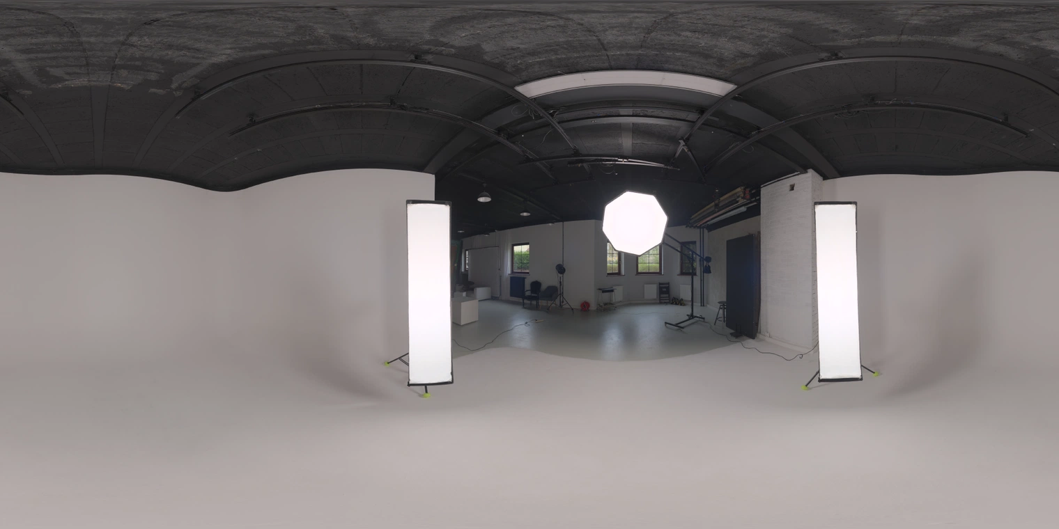 Free 20K unclipped HDRI: monochrome studio with an octabox and two tall softboxes under a dark ceiling. Medium-contrast, soft directional light for portraits, products, and lookdev.