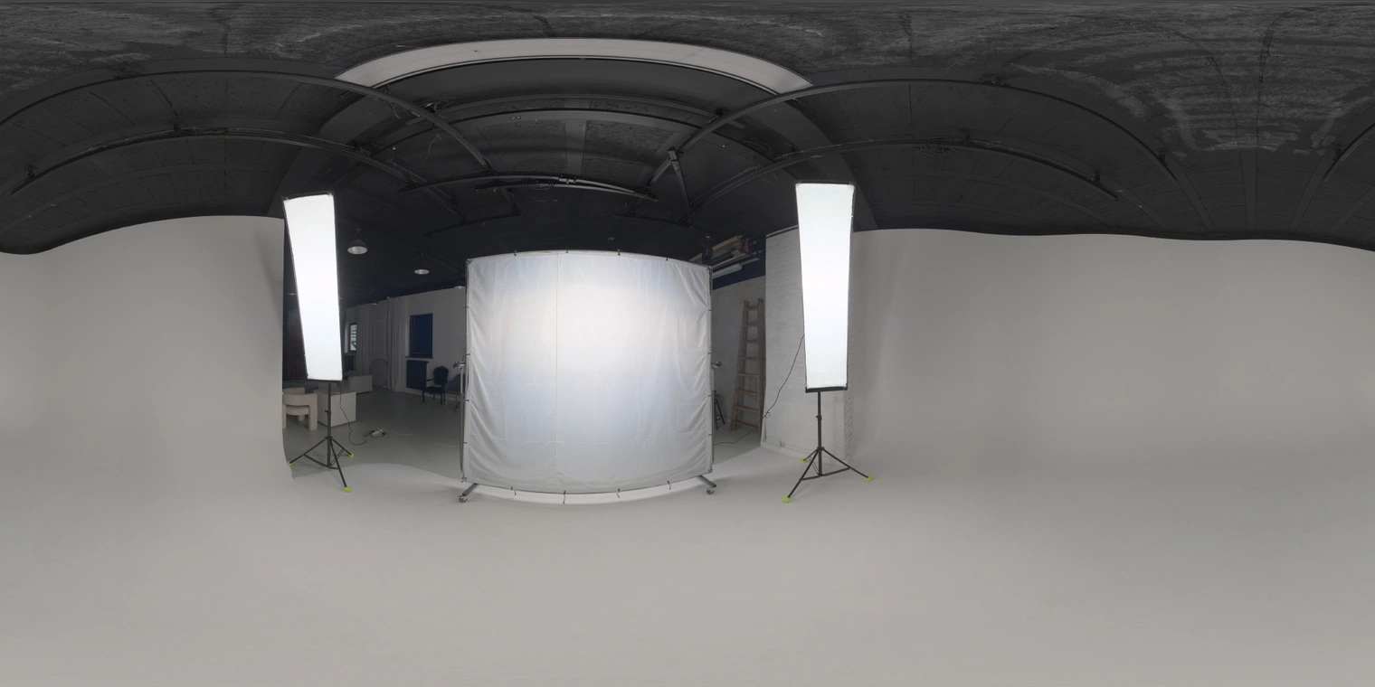 Free 20K unclipped HDRI: studio with twin softboxes and circular scrim; mid-contrast artificial light for portraits, product shots and lookdev.
