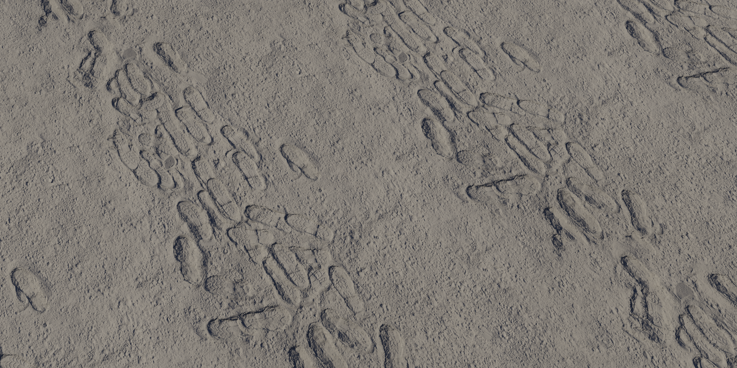Free 16K texture of dusty lunar regolith, rough, coarse sand with crisp footprints and trails for outdoor moon terrain.