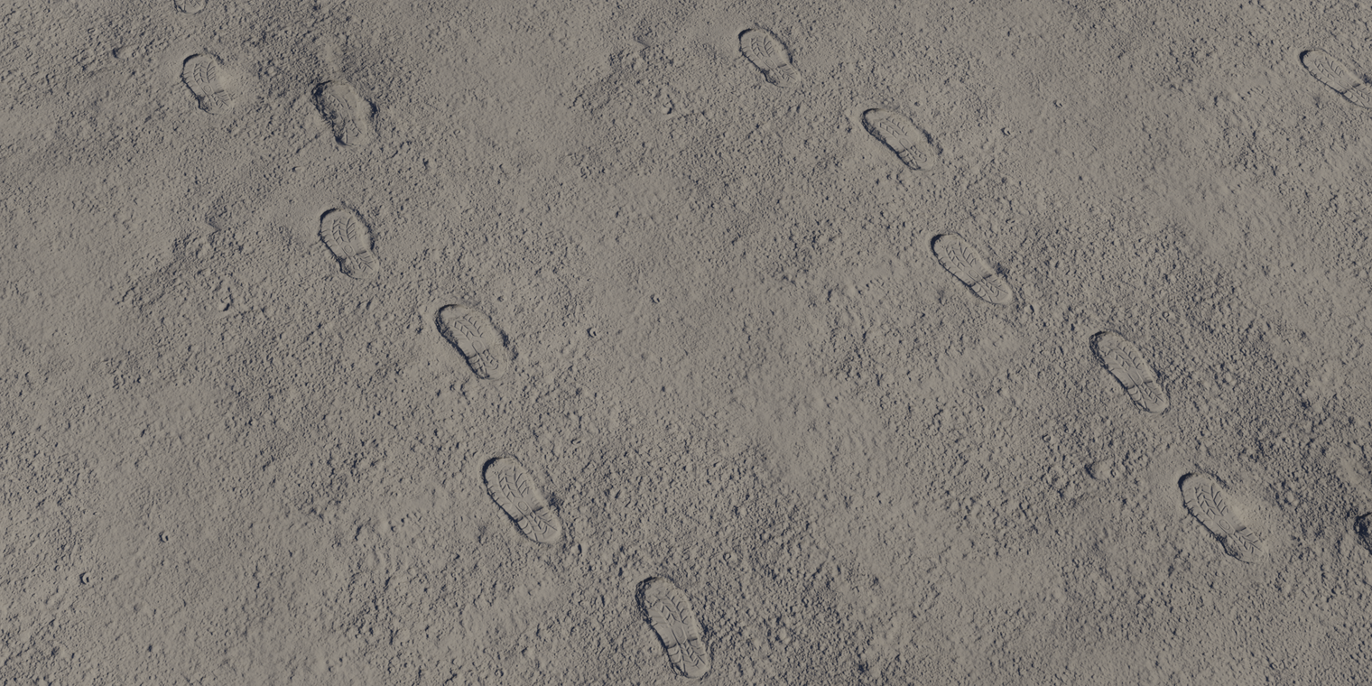 Free 16K texture of dusty lunar regolith with a coarse, grainy surface and crisp footprints, matte and rough - perfect for outdoor, terrain, and moon scenes.