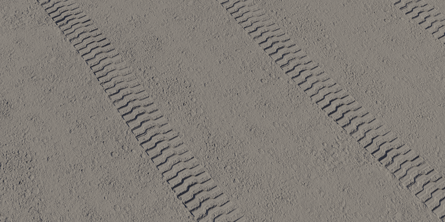 Free 16K texture: dusty lunar regolith with a coarse, rough surface and crisp tire tracks - ideal for exterior moon sand and terrain scenes.