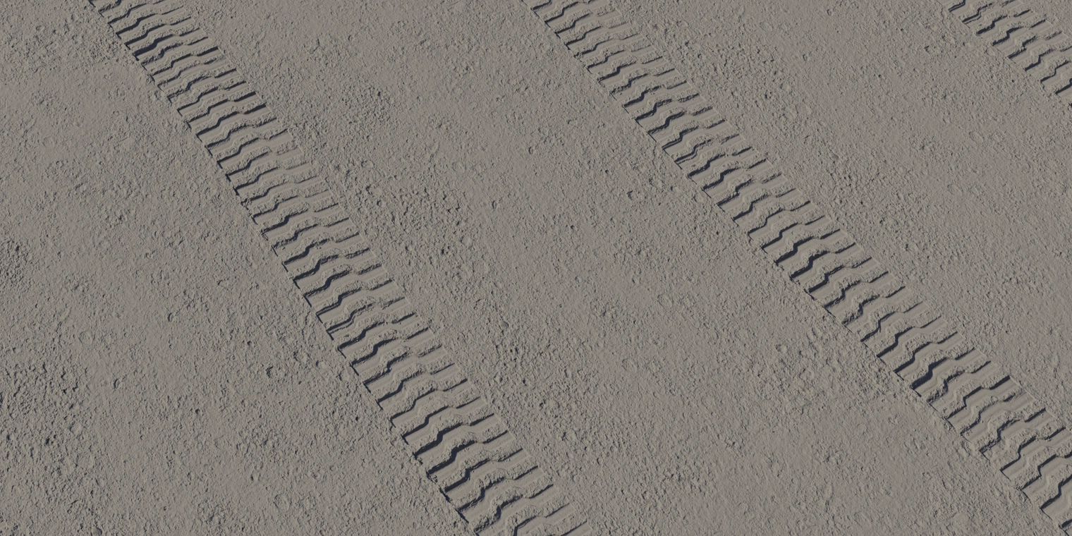 Free 16K texture: dusty lunar regolith with a coarse, rough surface and crisp tire tracks - ideal for exterior moon sand and terrain scenes.