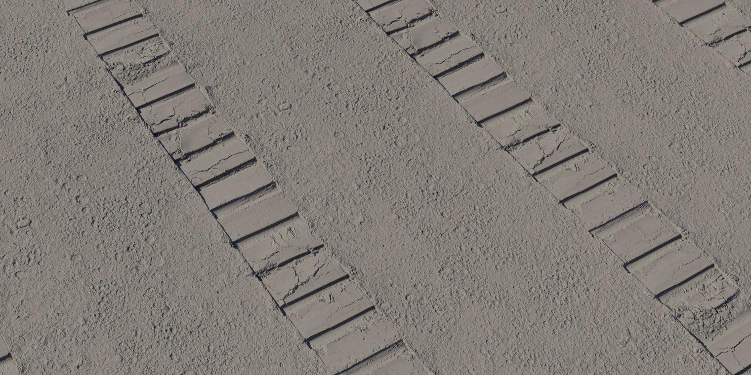 Free 16K texture of dusty lunar regolith with rough, fine-grain surface and crisp tyre tracks - ideal for extraterrestrial sand/terrain exteriors.