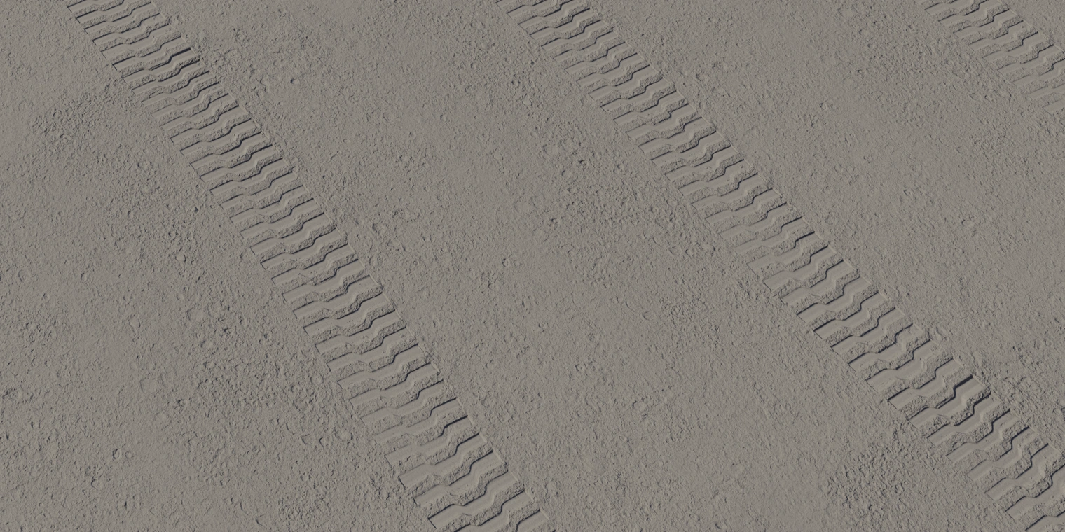 Free 16K texture of lunar regolith with dusty, rough surface and pronounced tyre tracks - ideal for outdoor sand/terrain and extraterrestrial scenes.