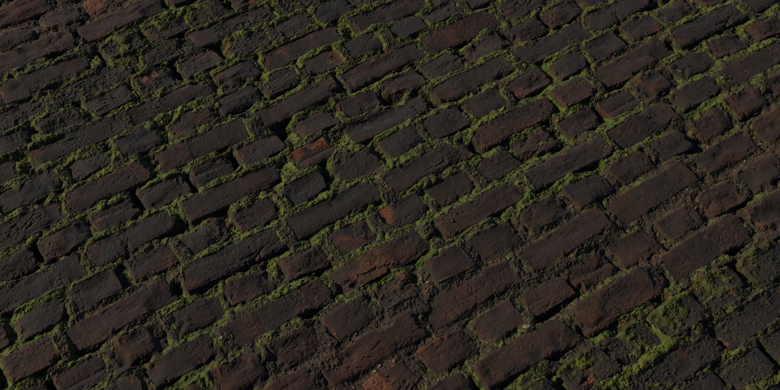 Free 16K texture of weathered dark brick with green moss filling joints; rough, uneven, damp surface