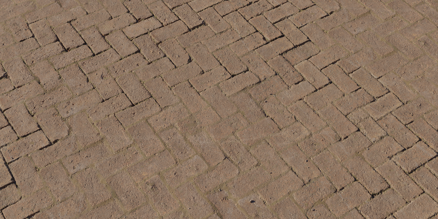 Free 8K mossy brick floor texture: weathered herringbone red-brown bricks with worn edges, rough uneven surface, recessed joints and subtle patches of green moss.