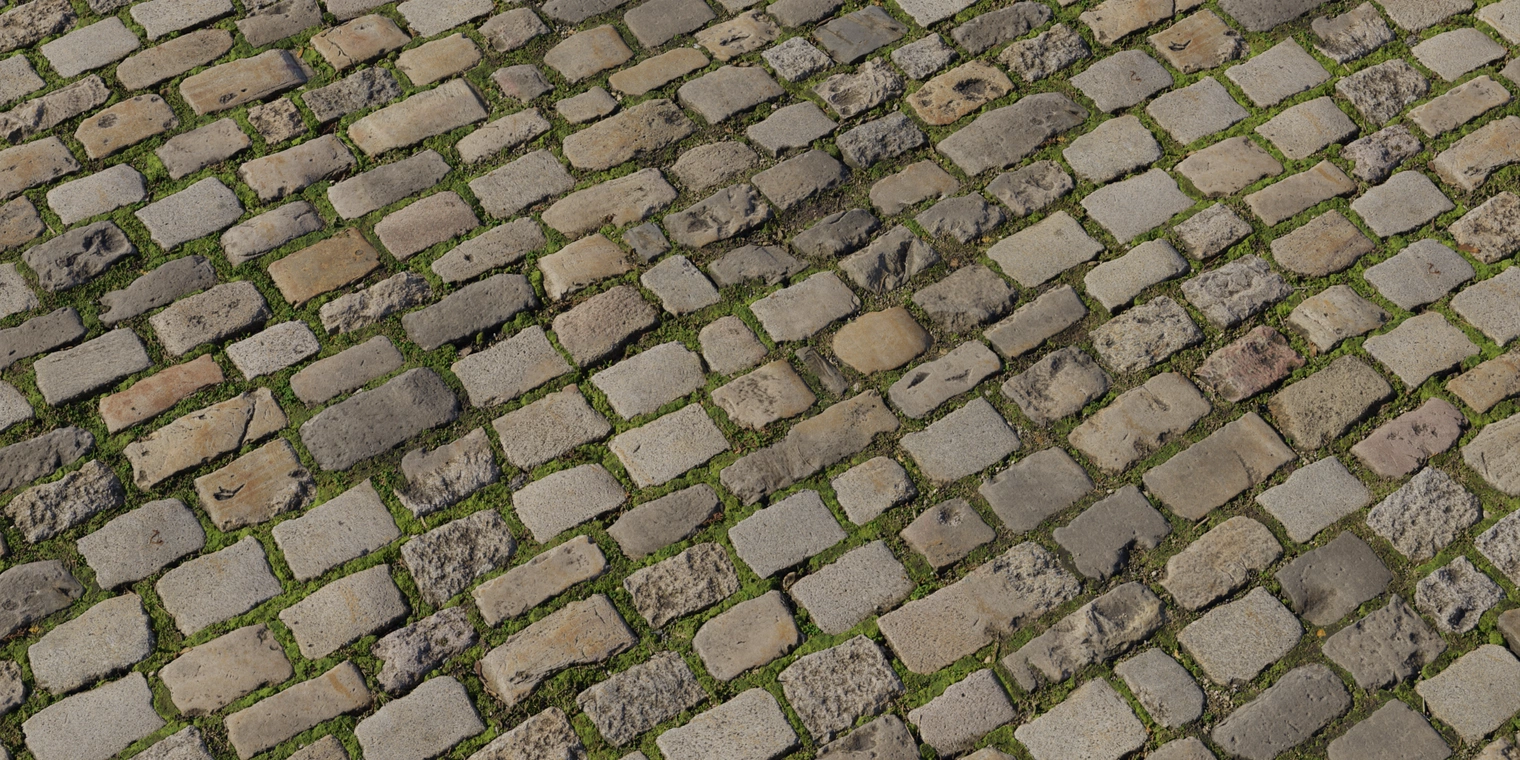 Free 8K texture of weathered cobblestone: irregular, worn stone blocks with earthy tones, rough surfaces and vivid green moss filling the joints and crevices.