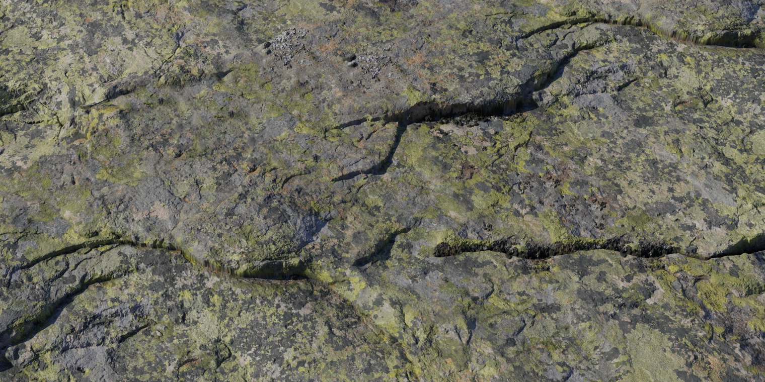 Free 8K texture of weathered, striated rock with uneven, cracked surfaces, mottled lichen and green moss patches, and detailed rough stone grain.