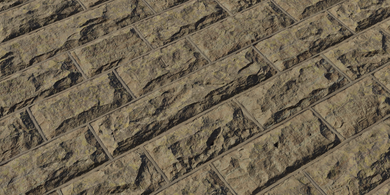 Free 8K mossy sandstone texture: rough, weathered fortress wall blocks with uneven, timeworn stone and subtle green moss in crevices.