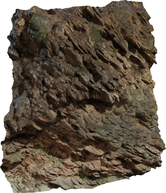 Free 8K Mountainside model: a weathered cliff rock face with layered, jagged boulders, visible lichen patches, and rugged earthy, high-detail surface textures.