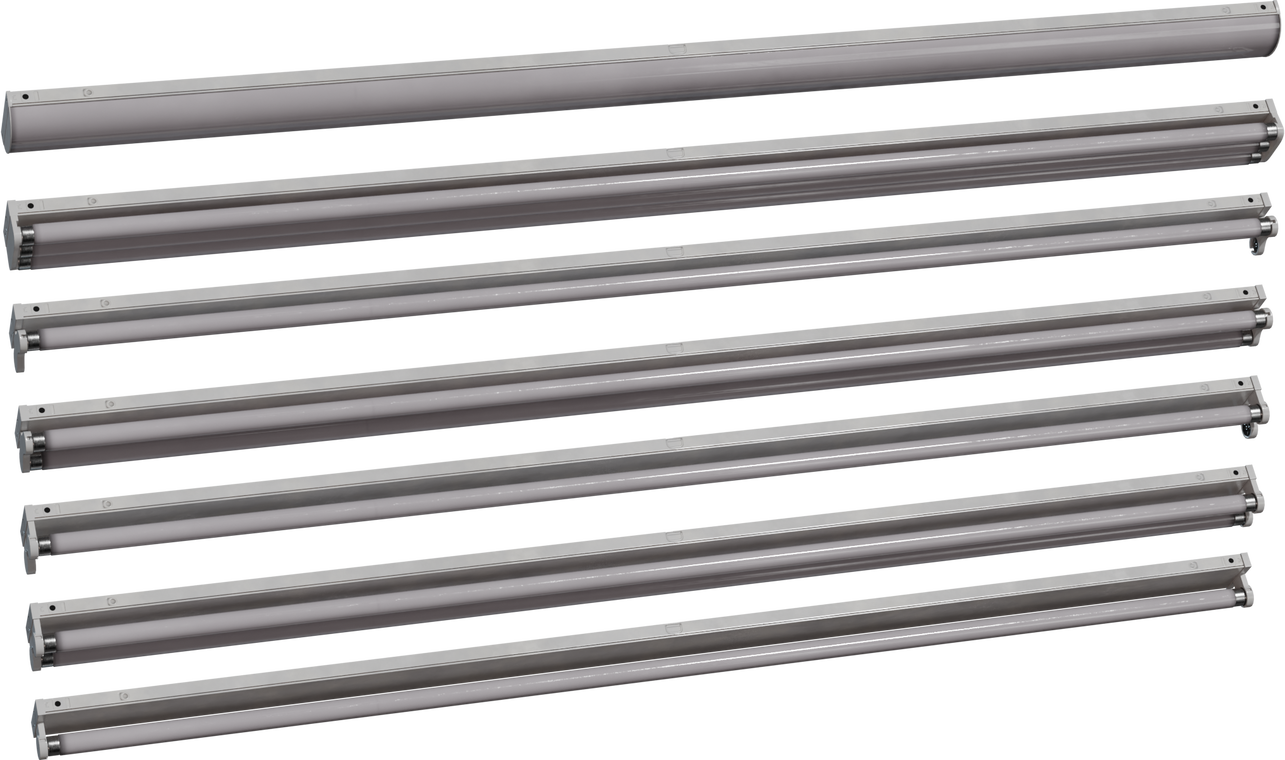 Free 4K model of mounted fluorescent multiple strip lights: grey metal housings, end caps and chain hooks, clean geometry with subtle wear and screws.