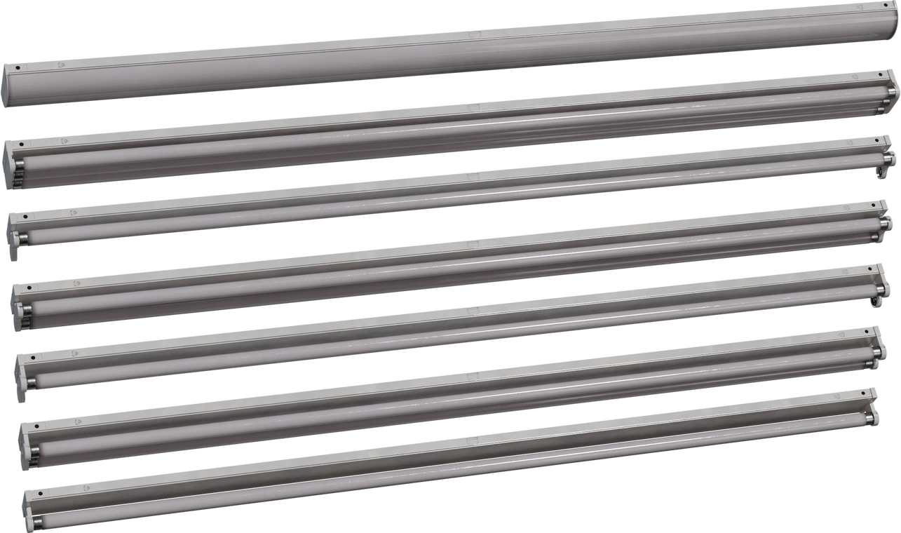 Free 4K model of mounted fluorescent multiple strip lights: grey metal housings, end caps and chain hooks, clean geometry with subtle wear and screws.