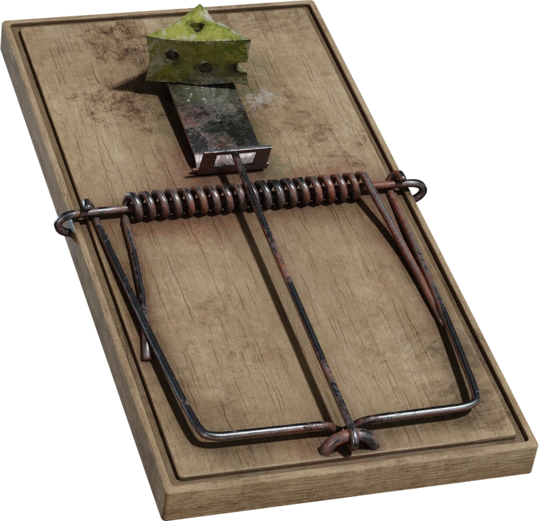 Free 4K model of an old wooden mousetrap with rusted spring steel, weathered green-painted bait plate, wood grain detail and grime.