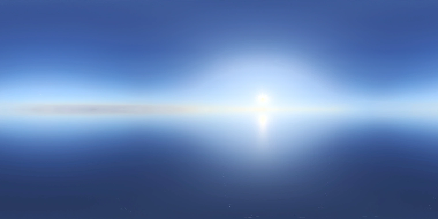 Free 16K unclipped HDRI: clear, high-contrast sunrise sky over a calm blue horizon, warm sun glow and cool natural ambient lighting.