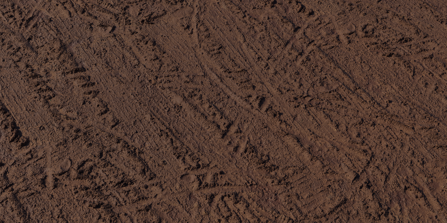 Free 8k texture. Wet, earthy mud with deep tire tracks, rough clumps of loose soil, moist sheen and gritty, dirty surface detail.