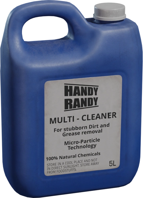 Free 8K model of a 5L plastic multi-cleaner jug - worn janitorial prop with realistic scuffs, label detail and sturdy handle for shed/industrial scenes.