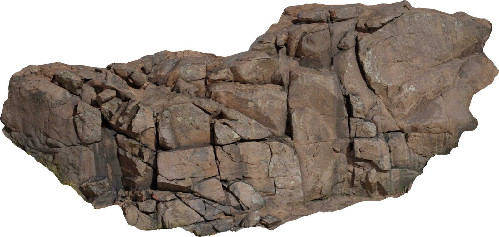 Free 8K model of a weathered cliff: stacked boulders, eroded rock face, cracked slabs, warm brown tones and lichen-dotted surfaces.