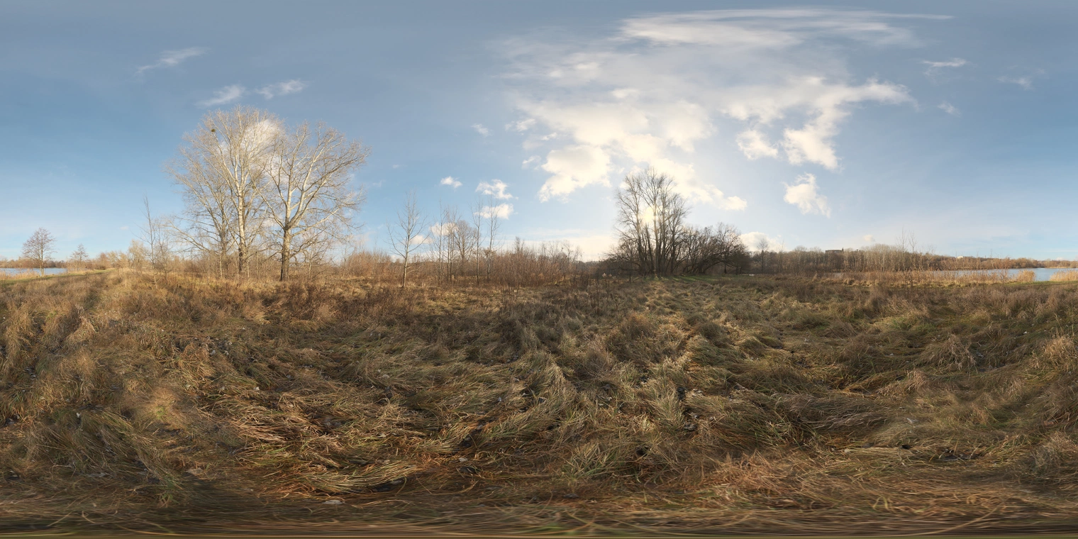 Free 16K unclipped HDRI of a dry riverside field at sunrise, partly cloudy sky, warm directional light, medium contrast and soft long-grass.